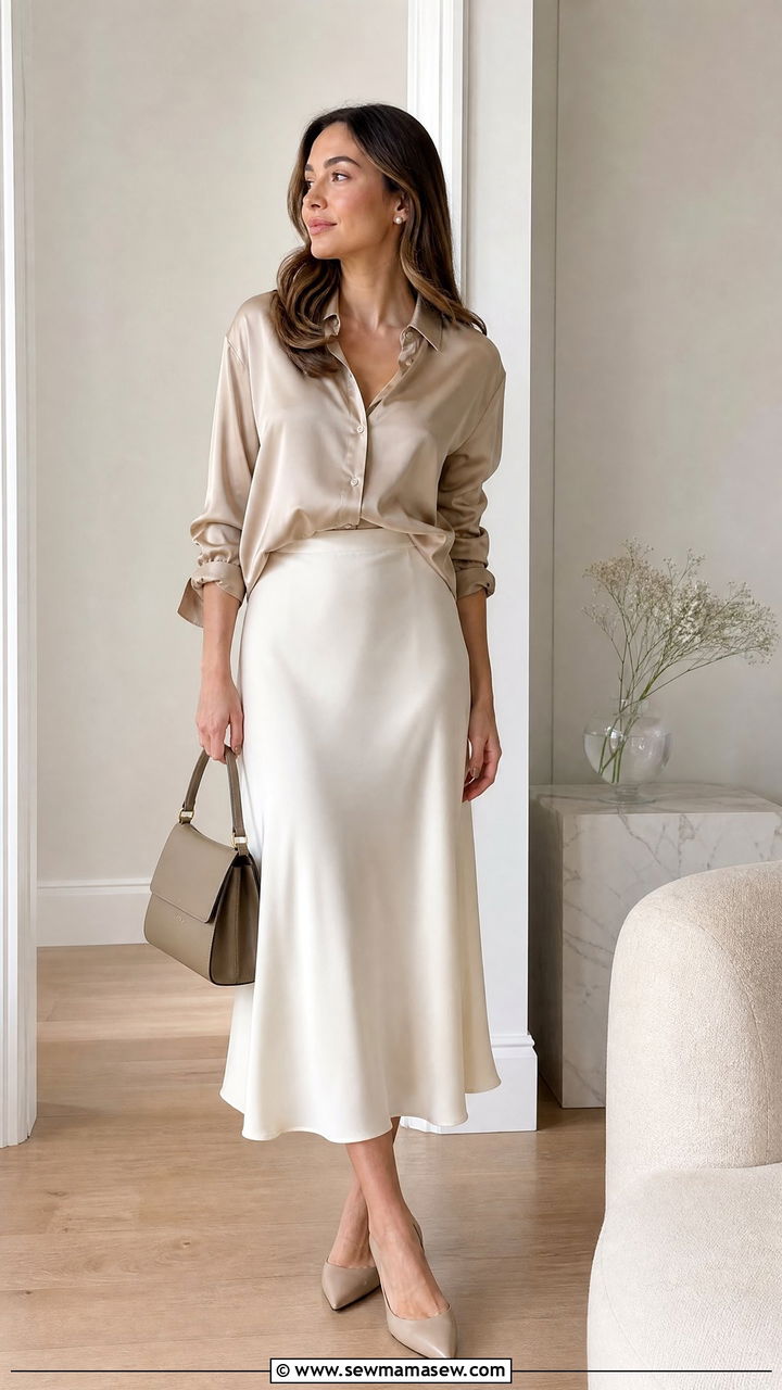 Silk Button Down Top With Slip Skirt Outfit - 20 feminine top outfit ideas
