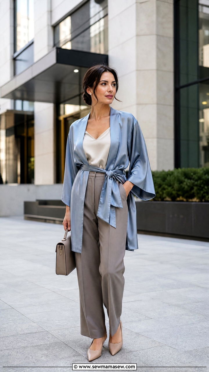 Silk Kimono Top With Tailored Trousers - 20 kimono top outfit ideas