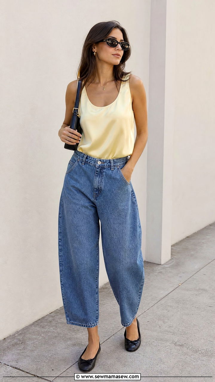 Silk Top With Barrel Jeans - 20 silk top outfit ideas
