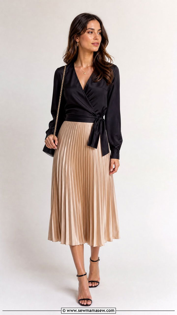 Silk Wrap Top With Midi Skirt - 20 silk top outfit ideas