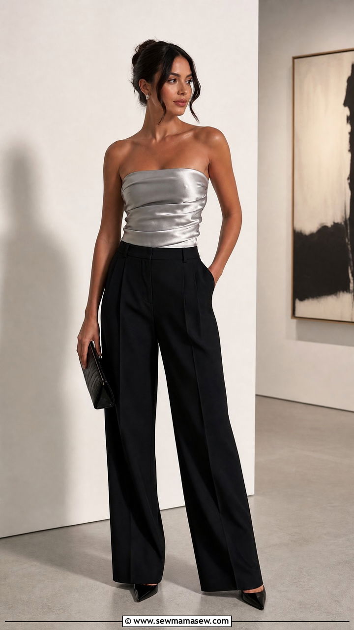 Silver Satin Tube Top With Black Trousers - 20 satin tube top outfit ideas