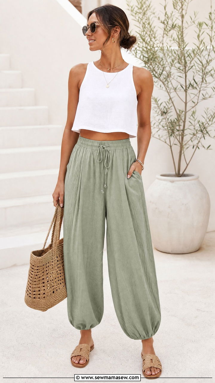 Sleeveless Crop Top With Linen Harem Pants - 20 crop top with harem pants outfit ideas