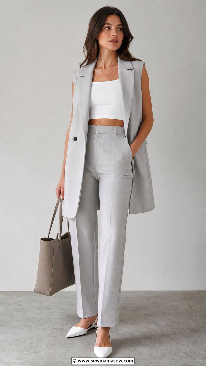 Sleeveless Crop Top With Longline Blazer And Trousers - 20 summer crop top outfit ideas for work