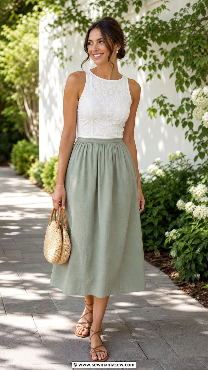 Sleeveless Embroidered Top With Cotton Midi Skirt - 20 embroidered top outfit ideas