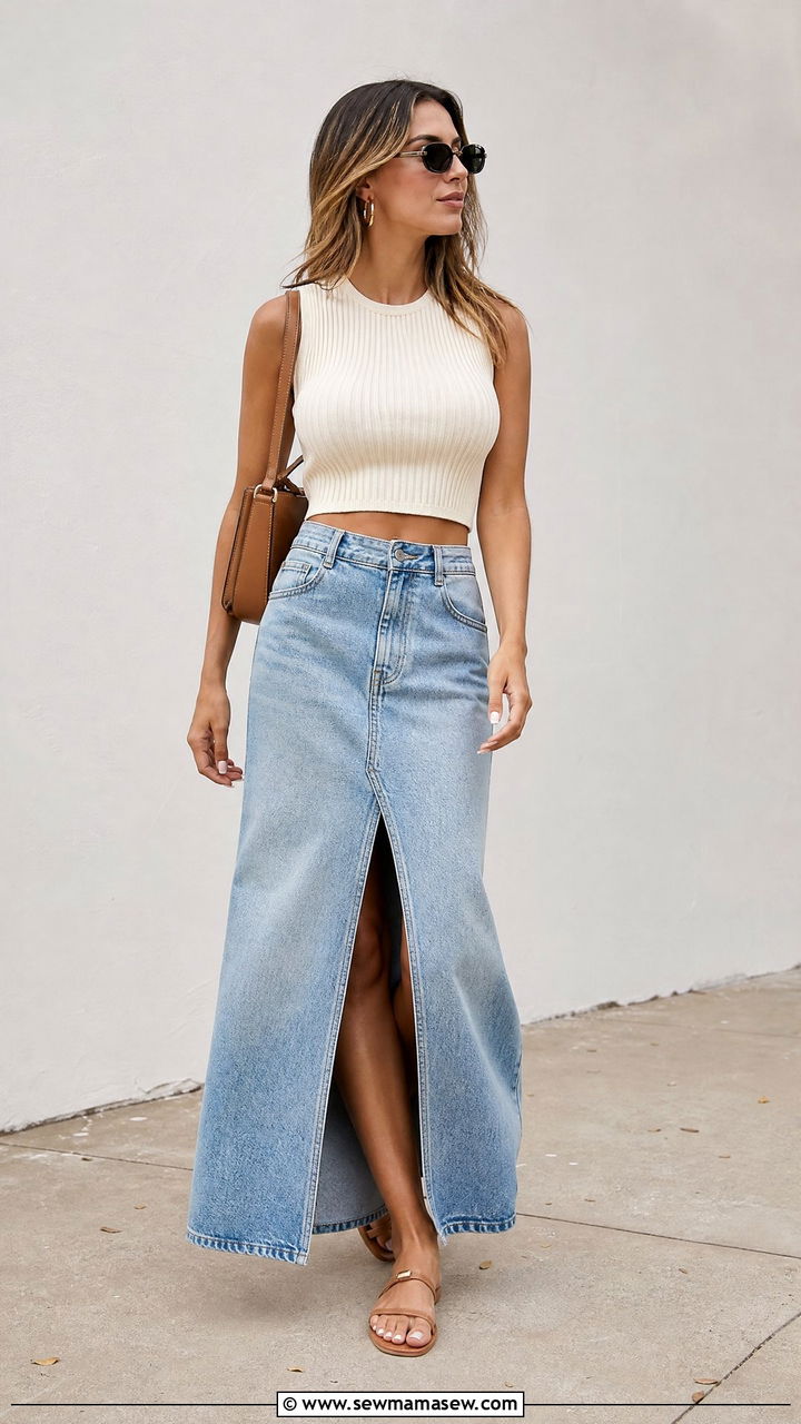 Sleeveless Knit Crop Top With Maxi Denim Skirt - 20 trendy summer crop top outfit ideas 2026