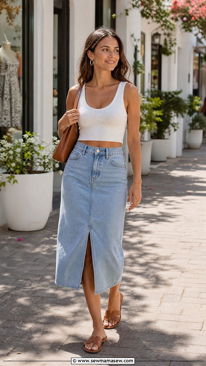 Sleeveless Knit Crop Top With Midi Skirt - 20 knit crop top summer outfit ideas
