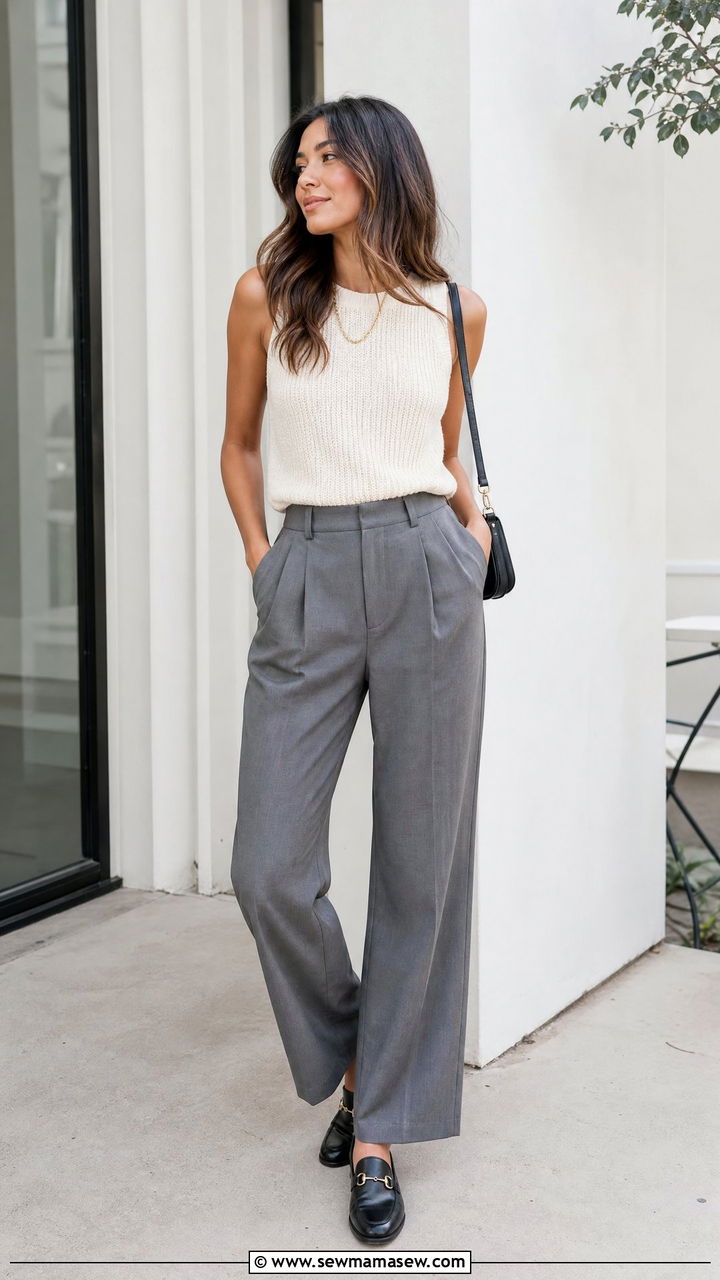 Sleeveless Knit Top With Pleated Pants - 20 brunch top outfit ideas