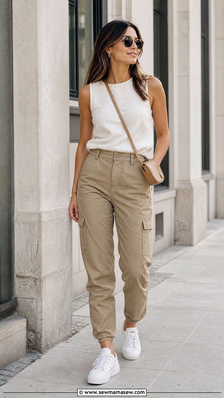 Sleeveless Linen Top With Cargo Pants - 20 linen top outfit ideas