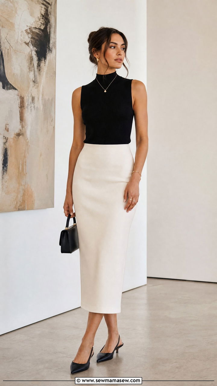 Sleeveless Mock Neck Top And Midi Skirt Outfit - 20 minimalist top outfit ideas