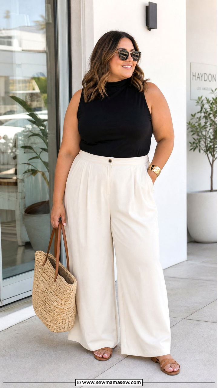 Sleeveless Mock Neck Top With Palazzo Pants - 20 plus size mock neck top outfit ideas