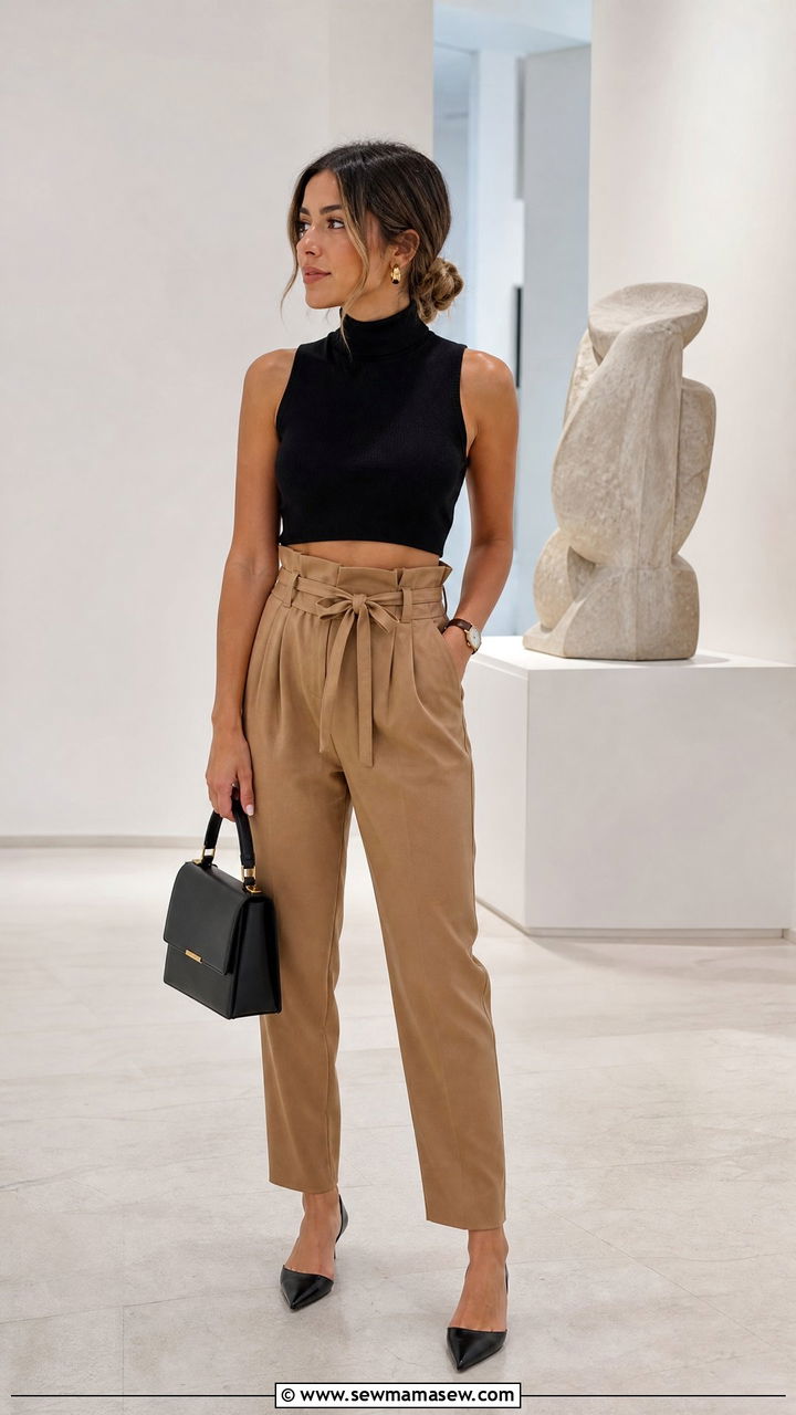 Sleeveless Turtleneck Crop Top With Paperbag Pants - 20 crop top with paperbag waist pants outfit ideas