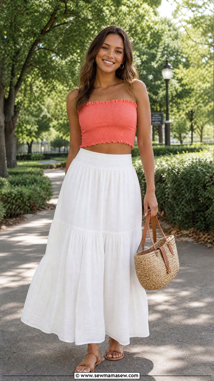 Smocked Crop Top And Flowy Maxi Skirt Outfit - 20 summer crop top and maxi skirt outfit ideas