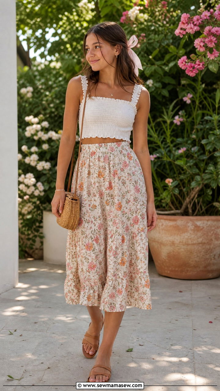 Smocked Crop Top And Midi Skirt Outfit - 20 summer crop top outfit ideas for teens