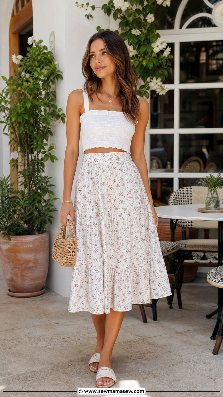 Smocked Crop Top With Midi Skirt - 20 summer crop top outfit ideas for vacation 2026