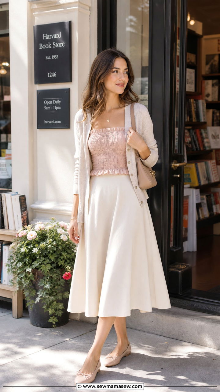 Smocked Top With Cardigan And Skirt - 20 smocked top outfit ideas