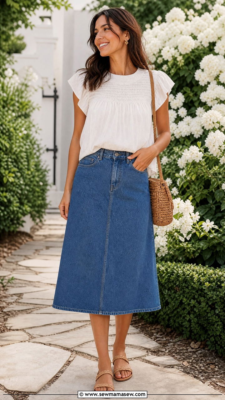 Smocked Yoke Top With Denim Skirt - 20 tops to hide belly outfit ideas