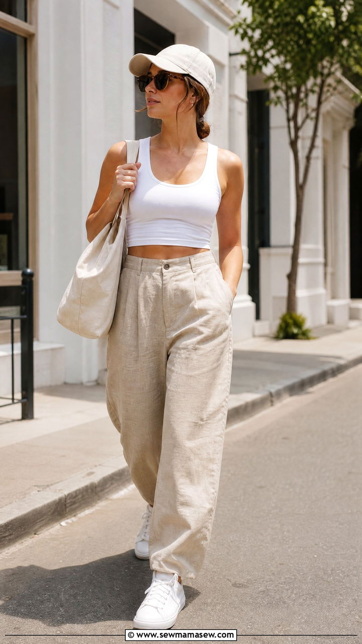Sneakers With Crop Top And Linen Trousers - 20 crop top with linen trousers outfit ideas