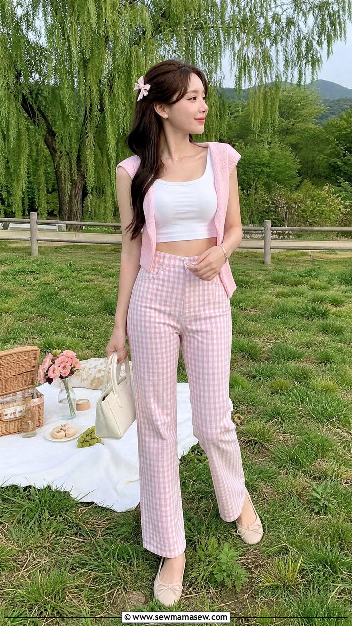 Soft Girl Crop Top With Gingham Pants - 20 soft girl crop top outfit ideas