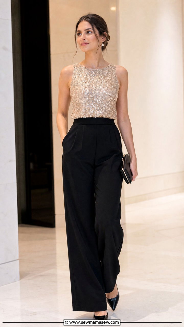 Sparkly Top With Black Trousers Outfit - 20 sparkly top outfit ideas