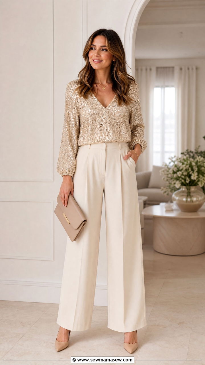 Sparkly Top With Neutral Pants Outfit - 20 sparkly top outfit ideas