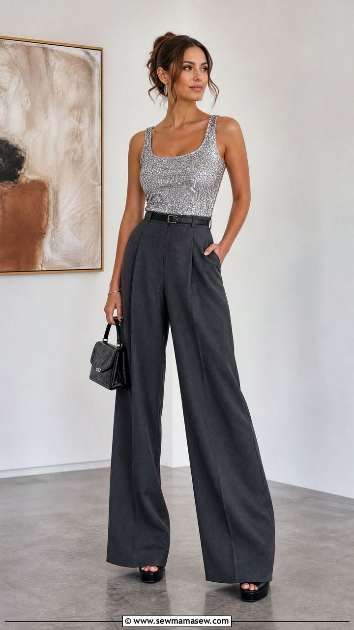 Sparkly Top With Wide Leg Pants Outfit - 20 sparkly top outfit ideas