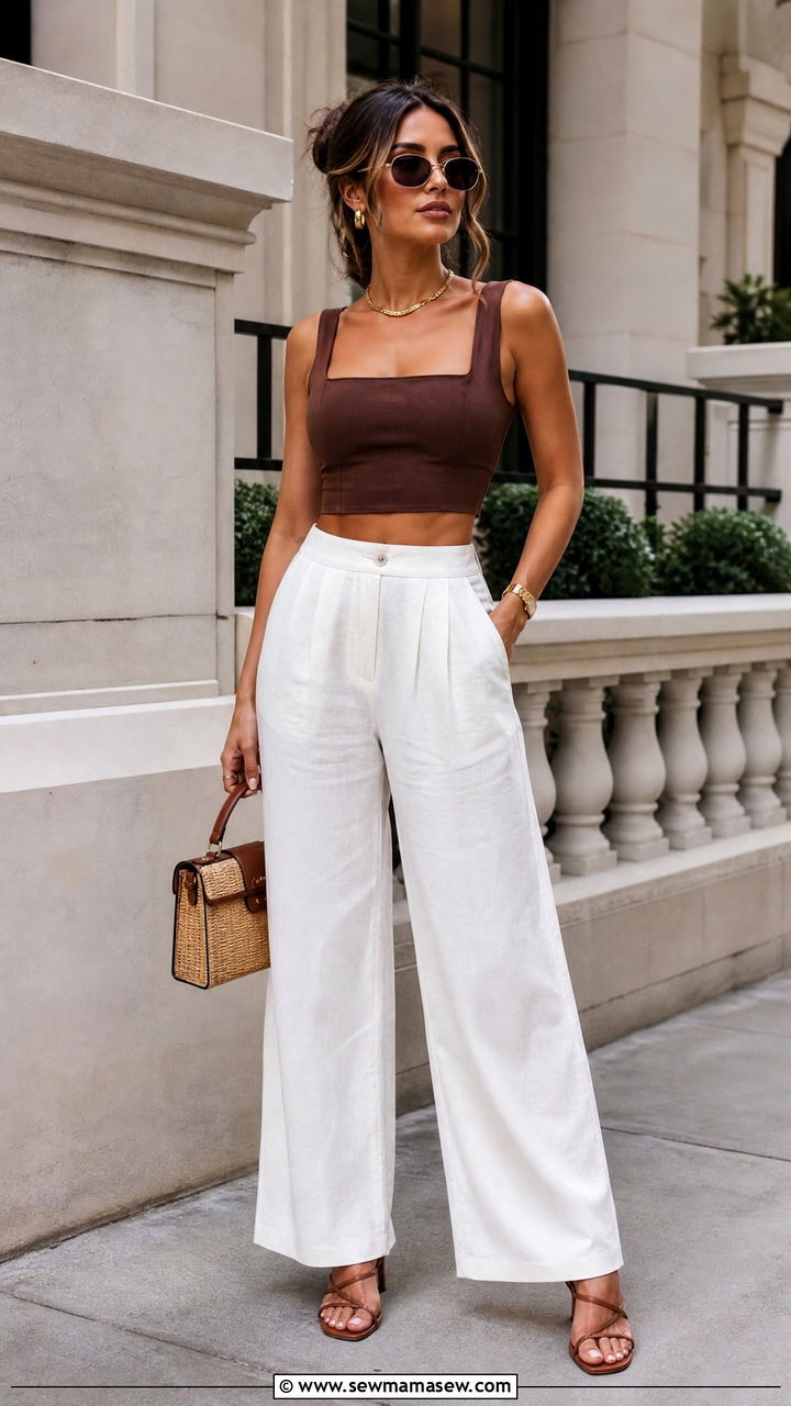 Square Neck Crop Top With Linen Wide Leg Pants - 20 crop top with linen wide leg pants outfit ideas