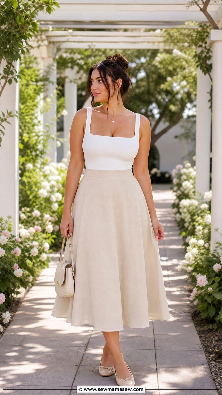 Square Neck Top With A Line Skirt - 20 tops for big bust outfit ideas
