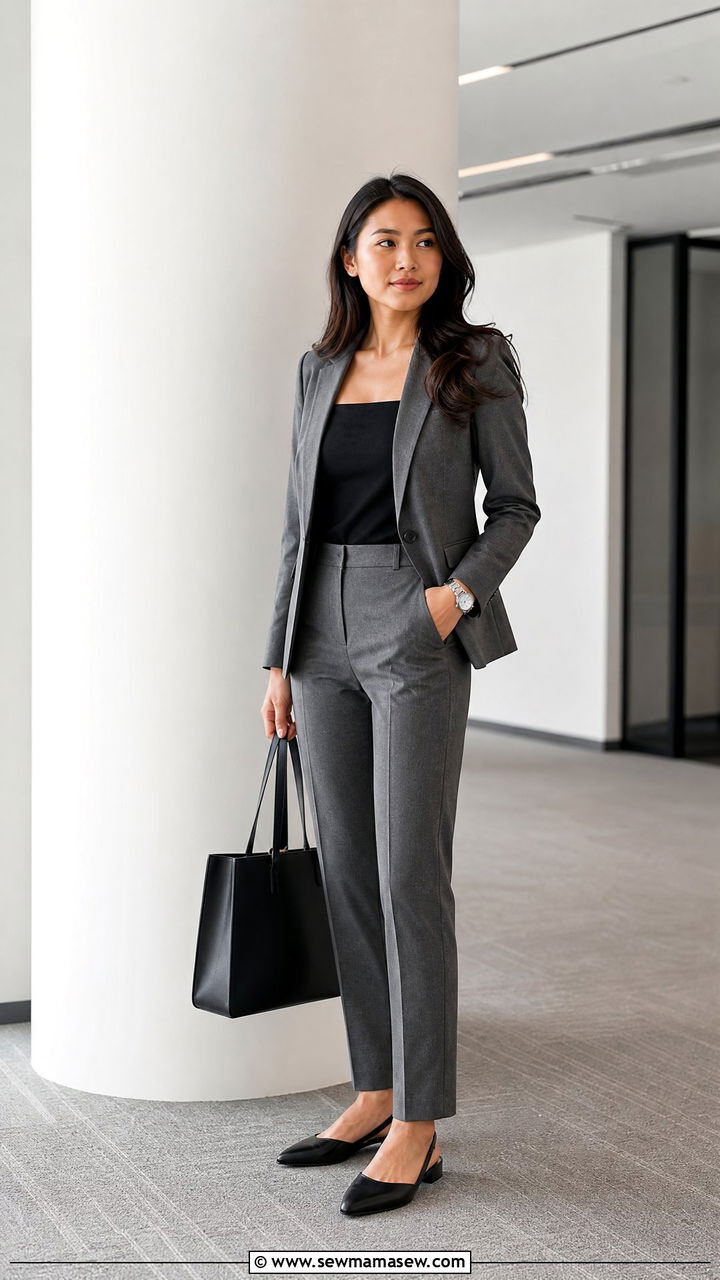 Square Neck Top With Tailored Blazer And Pants - 20 office tops outfit ideas