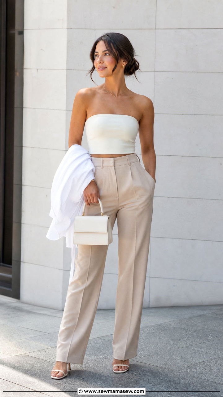 Strapless Crop Top And High Waisted Trousers Brunch Outfit - 20 summer crop top brunch outfit ideas