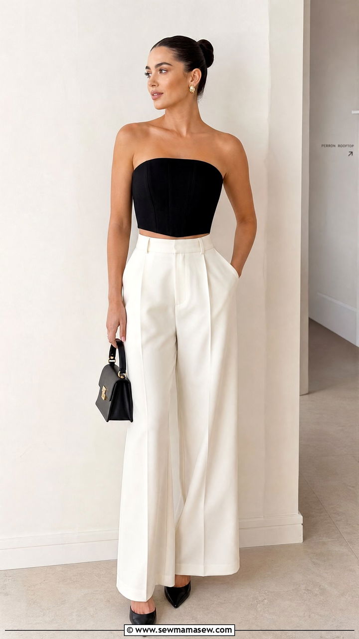 Strapless Crop Top With High Waisted Trousers - 20 crop top with high waisted trousers outfit ideas