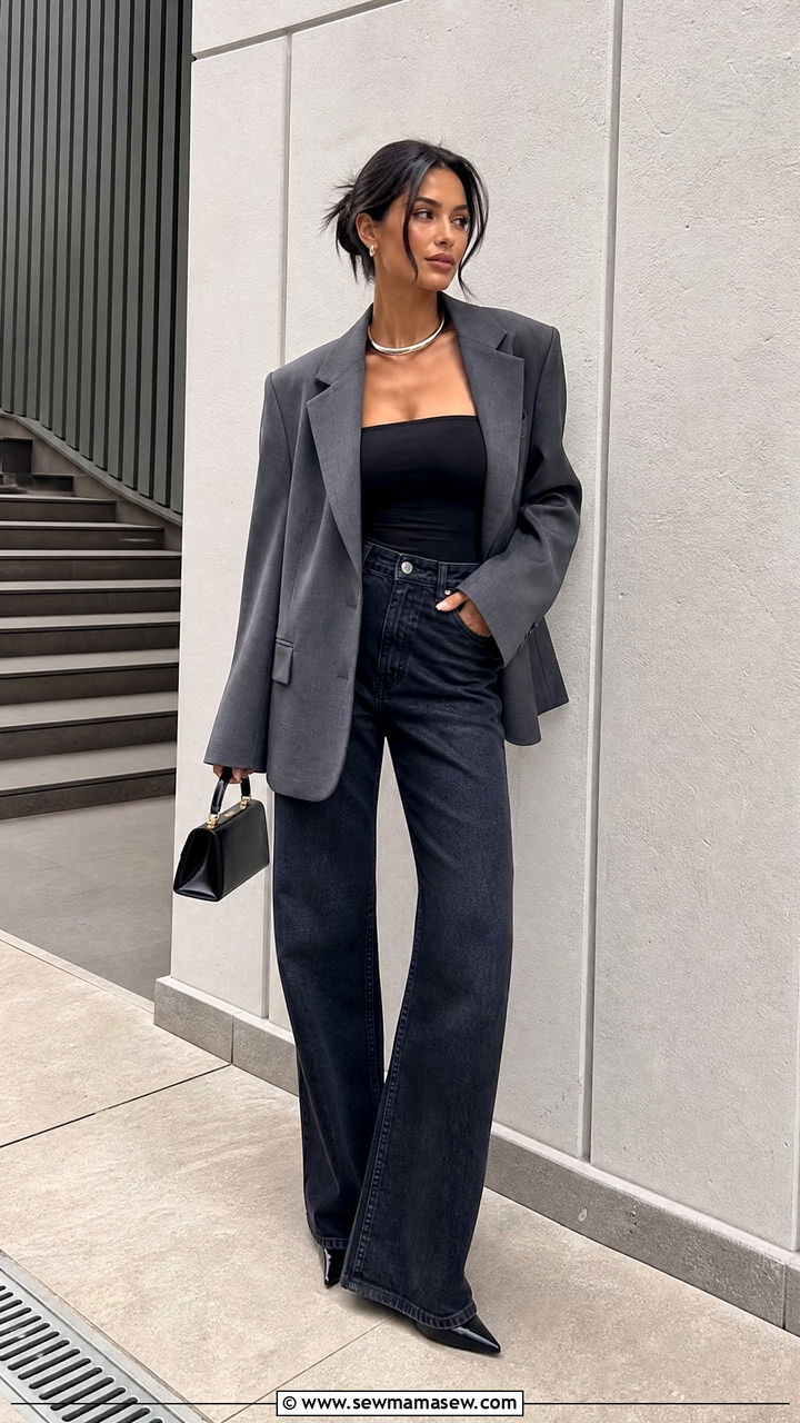 Strapless Top And Oversized Blazer Outfit - 20 edgy top outfit ideas