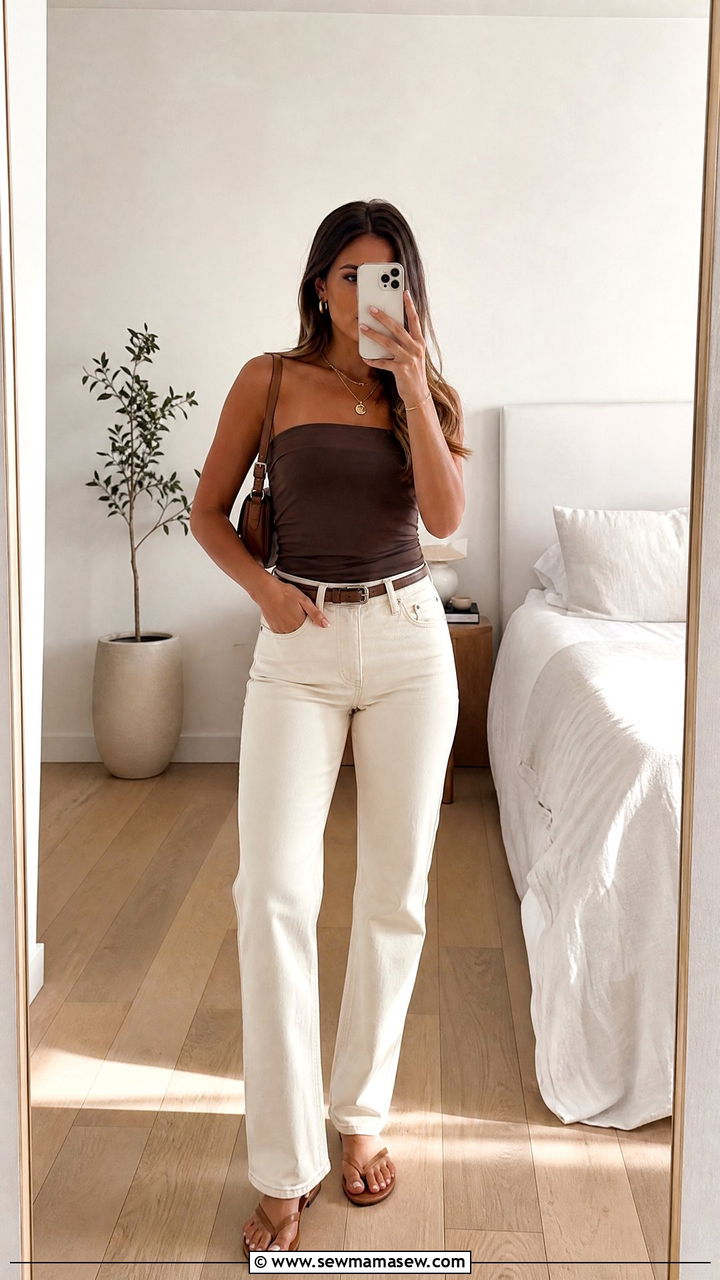 Strapless Top With Straight Leg Jeans - 20 strapless top outfit ideas