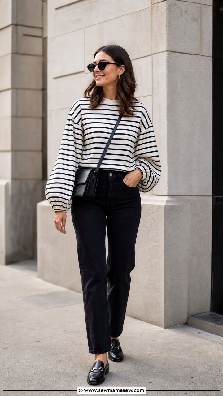 Striped Balloon Sleeve Top With Black Jeans - 20 balloon sleeve top outfit ideas