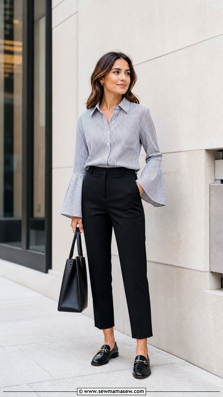 Striped Bell Sleeve Blouse With Black Pants - 20 bell sleeve blouse outfit ideas