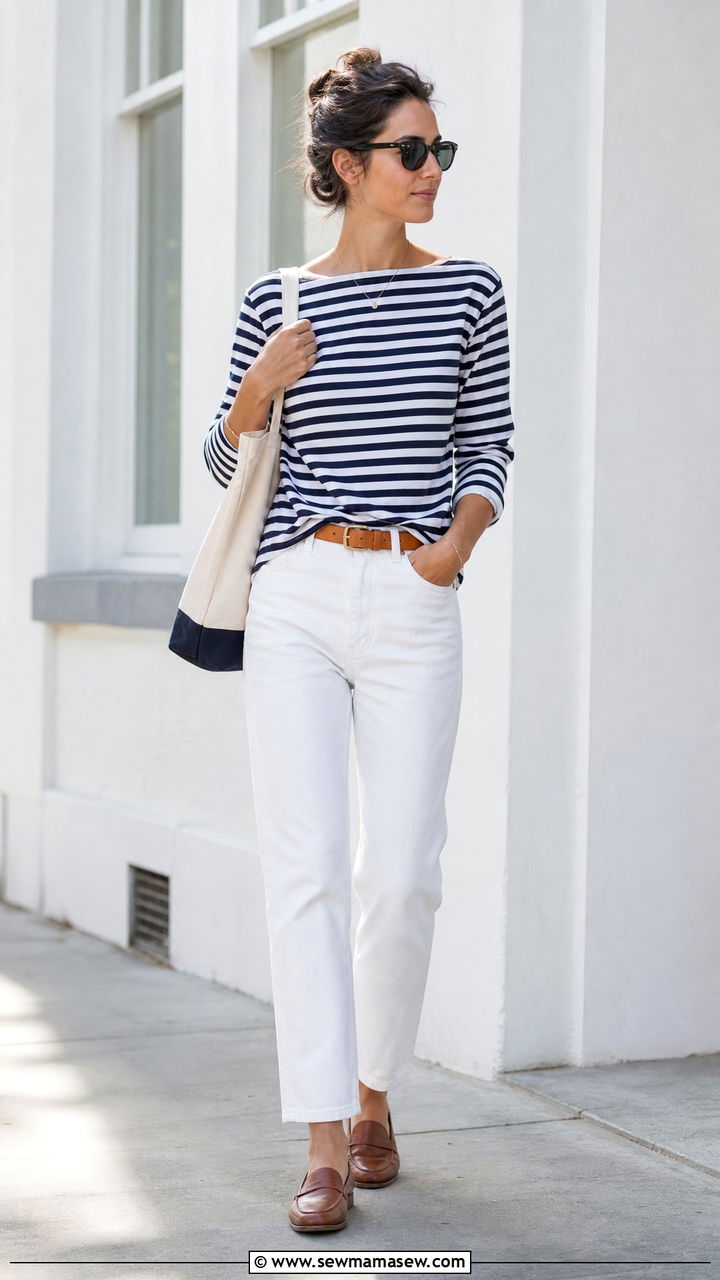 Striped Breton Top With White Jeans Outfit - 20 preppy top outfit ideas