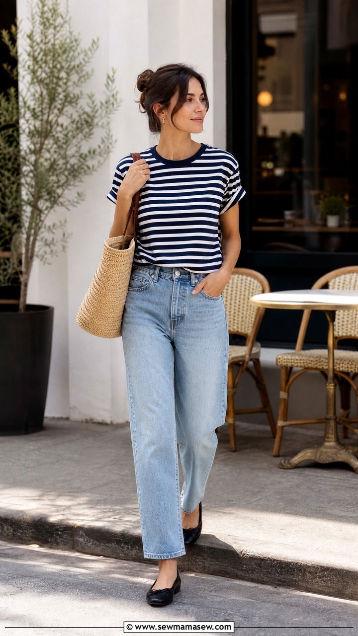 Striped Crew Neck Tee With Relaxed Denim - 20 crew neck tee outfit ideas