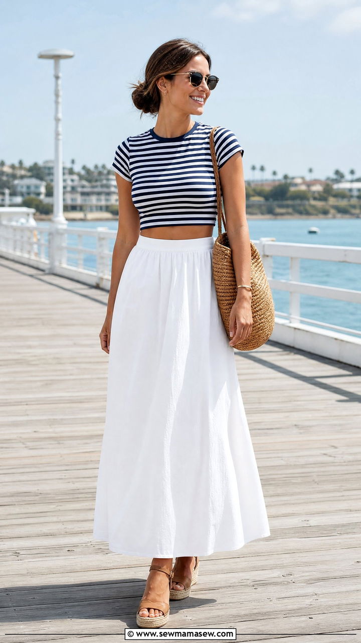 Striped Crop Top And Solid Maxi Skirt Outfit - 20 summer crop top and maxi skirt outfit ideas