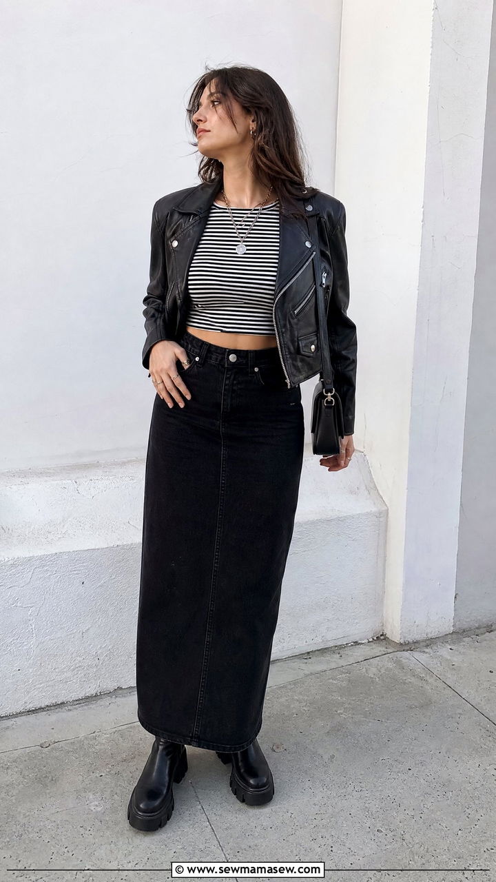 Striped Crop Top With Black Maxi Skirt - 20 edgy crop top outfit ideas