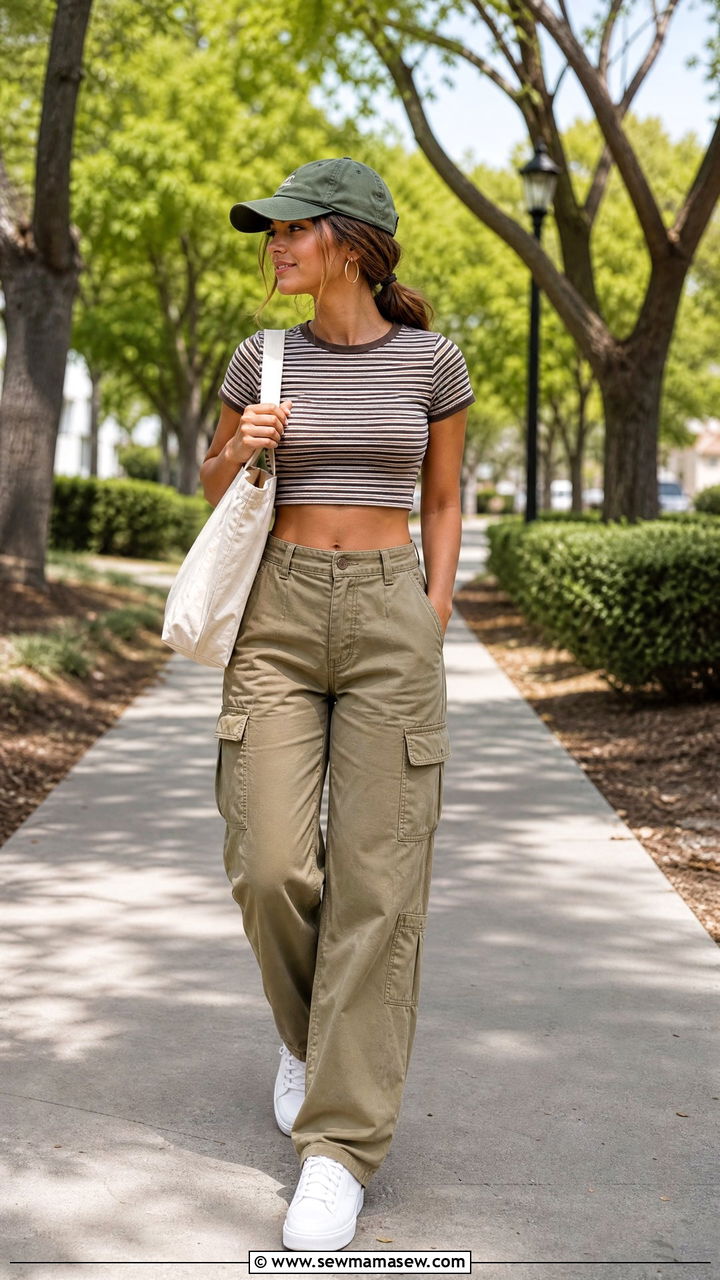 Striped Crop Top With Cargo Pants - 20 spring crop top outfit ideas