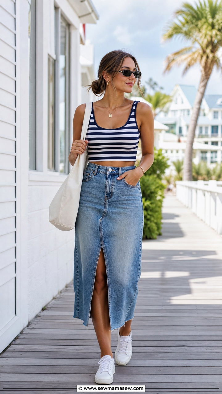 Striped Crop Top With Denim Skirt - 50 crop tops for summer