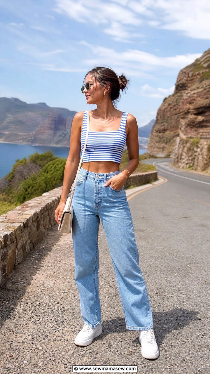Striped Crop Top With High Waisted Jeans - 20 summer crop top outfit ideas