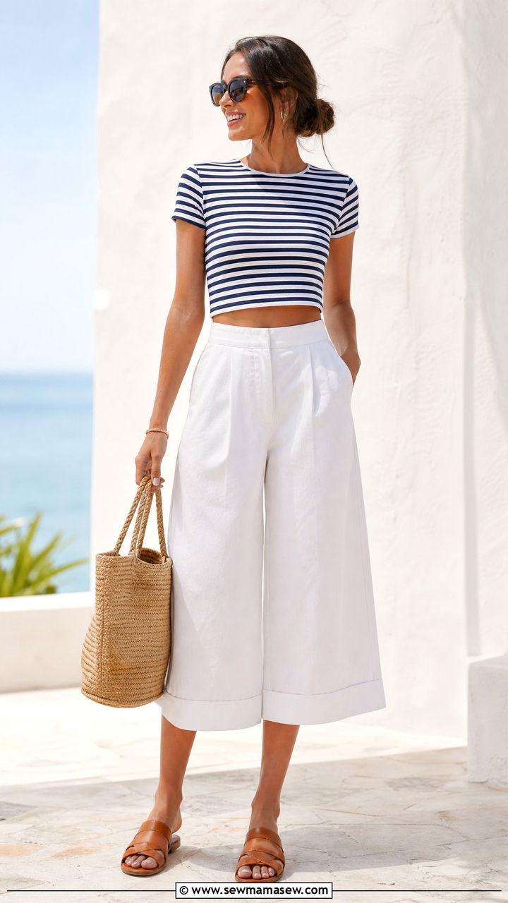 Striped Crop Top With White Culottes Outfit - 20 crop top with culottes outfit ideas