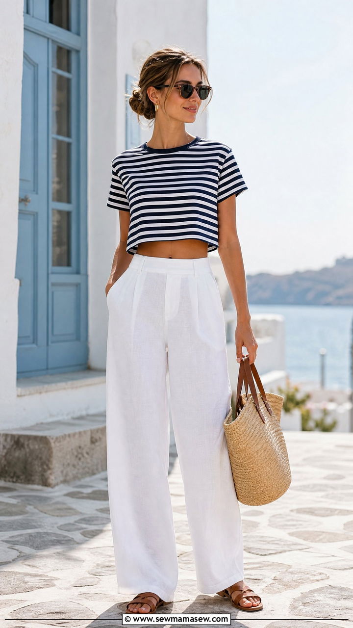 Striped Crop Top With White Linen Trousers - 20 crop top with white trousers outfit ideas