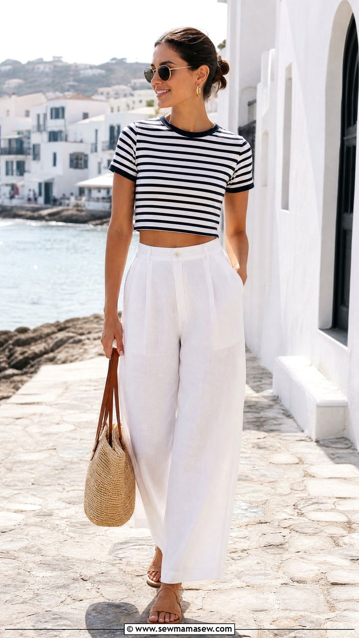Striped Crop Top With White Pants - 20 crop top outfit ideas for vacation