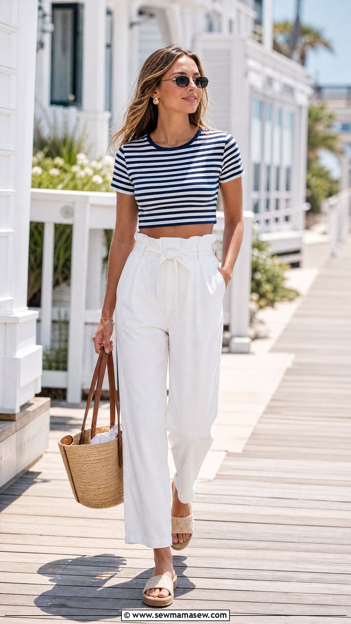 Striped Crop Top With White Paperbag Waist Pants - 20 crop top with paperbag waist pants outfit ideas