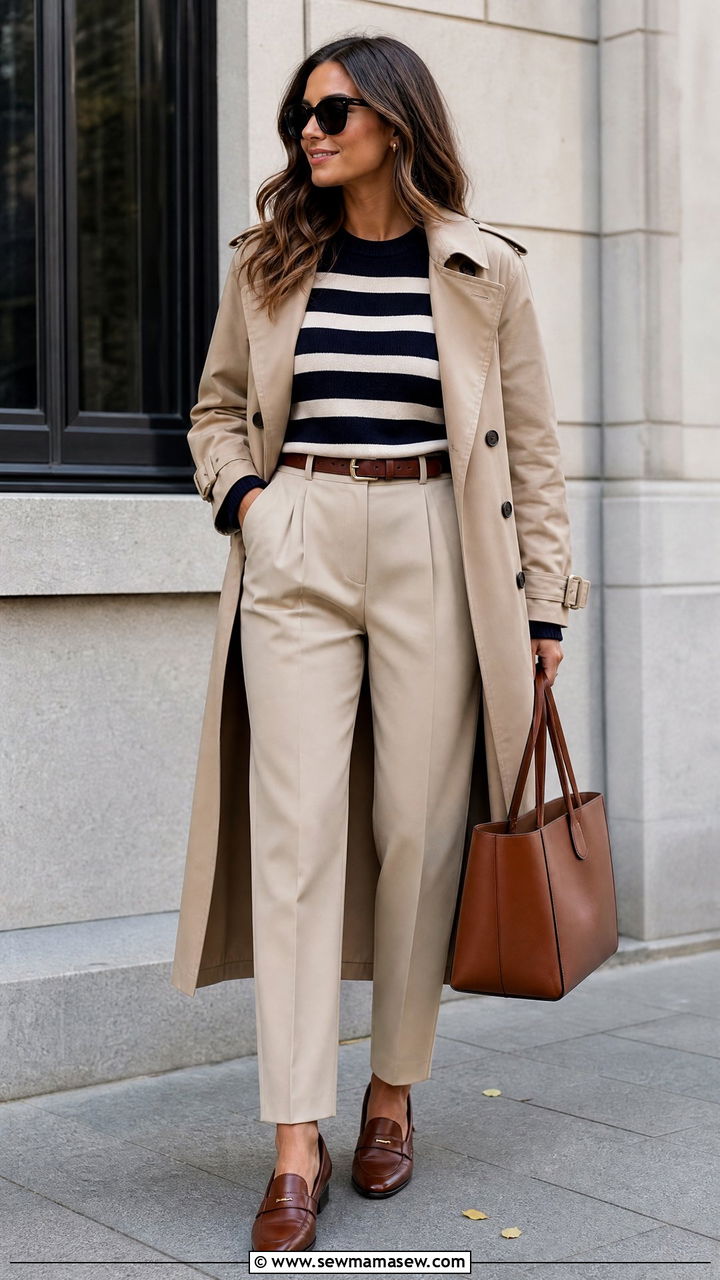 Striped Knit Top With Tailored Pants - 20 fall top outfit ideas
