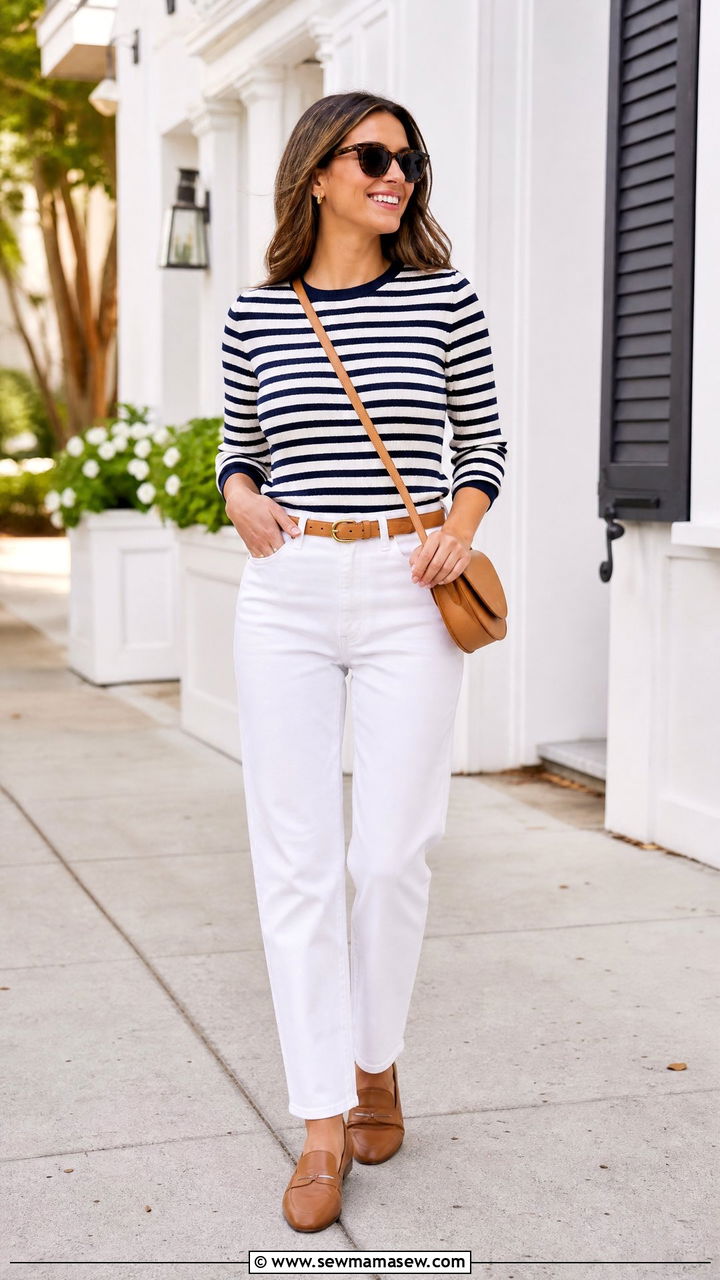Striped Knit Top With White Jeans - 20 chic top outfit ideas