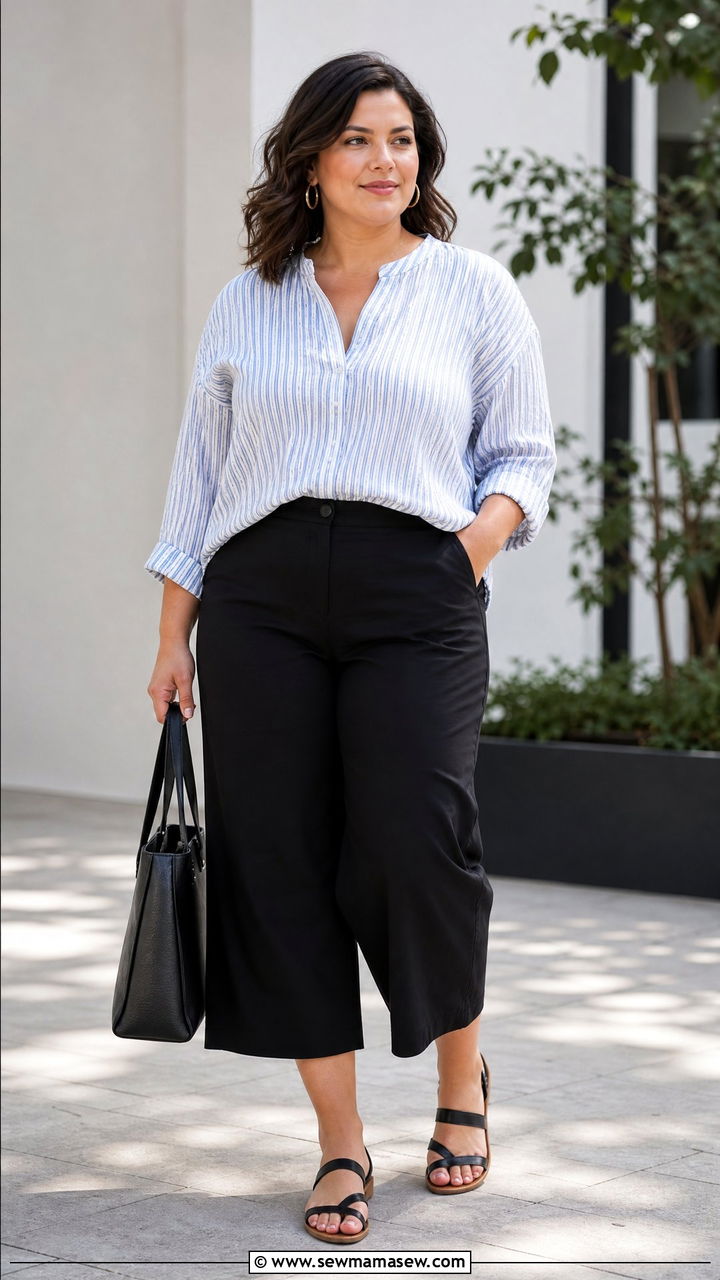 Striped Linen Top With Black Pants - 20 plus size linen top outfit ideas