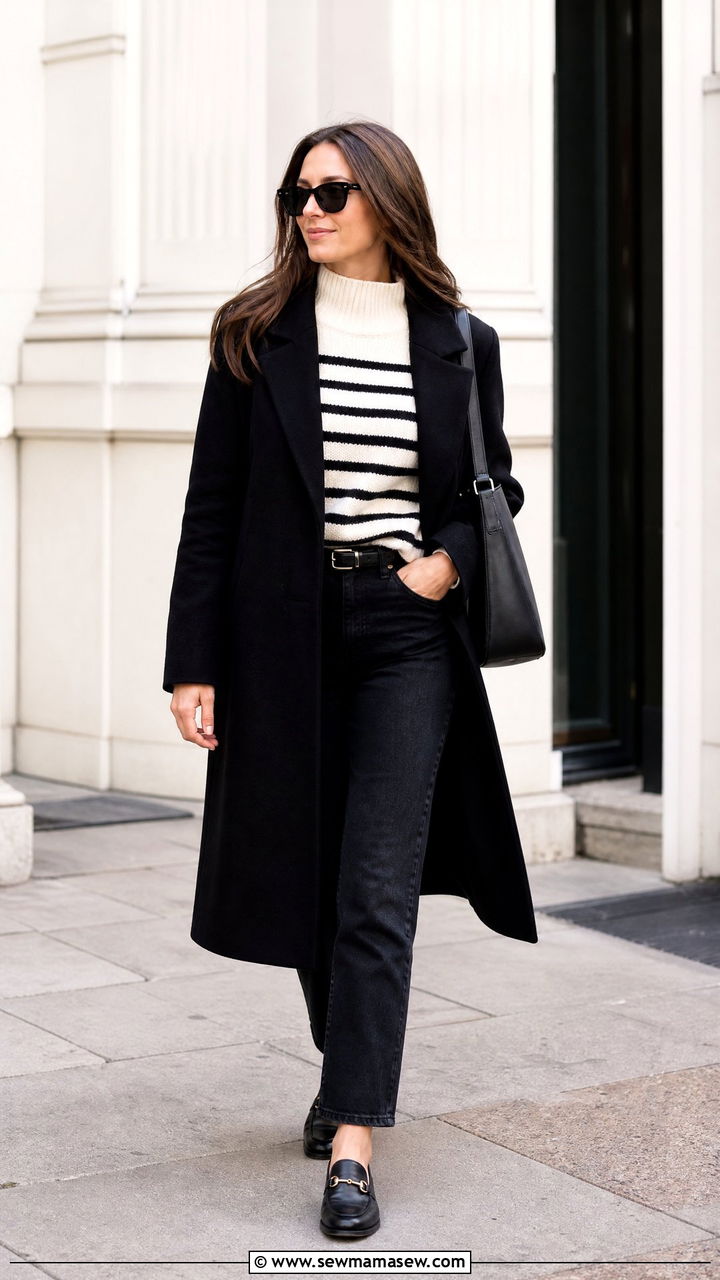 Striped Mock Neck Sweater With Black Jeans - 20 mock neck sweater outfit ideas