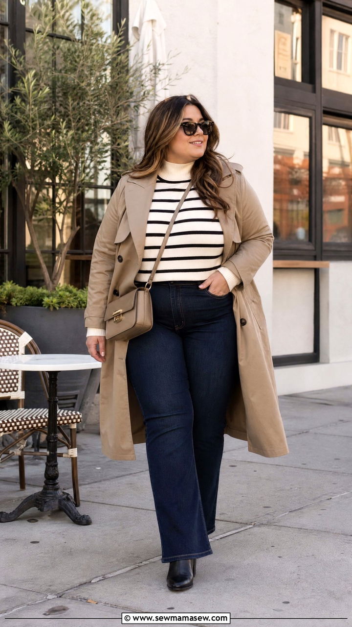 Striped Mock Neck Sweater With Dark Jeans - 20 plus size mock neck sweater outfit ideas